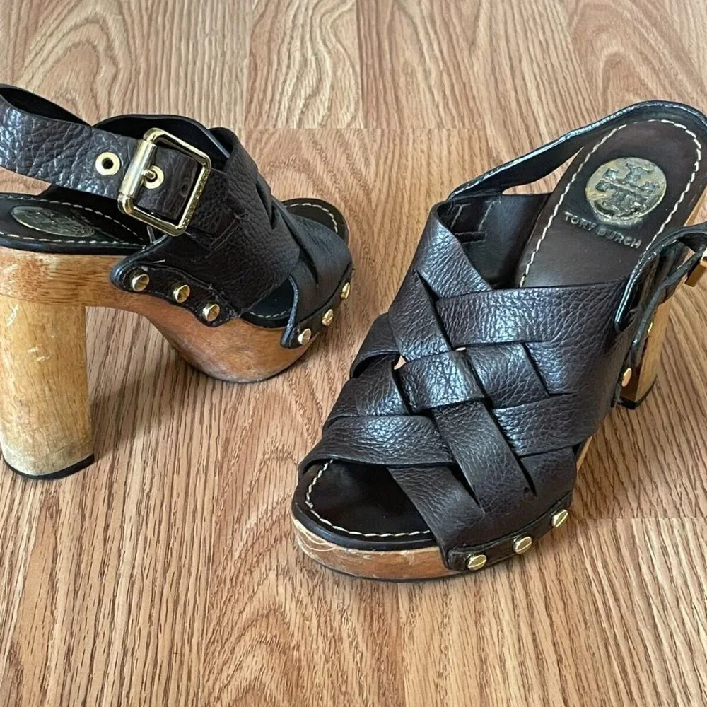 Tory Burch Women Heel Sandal Shoes Dark Brown Leather Upper Wood Heel Size 6 - Picture 4 of 12